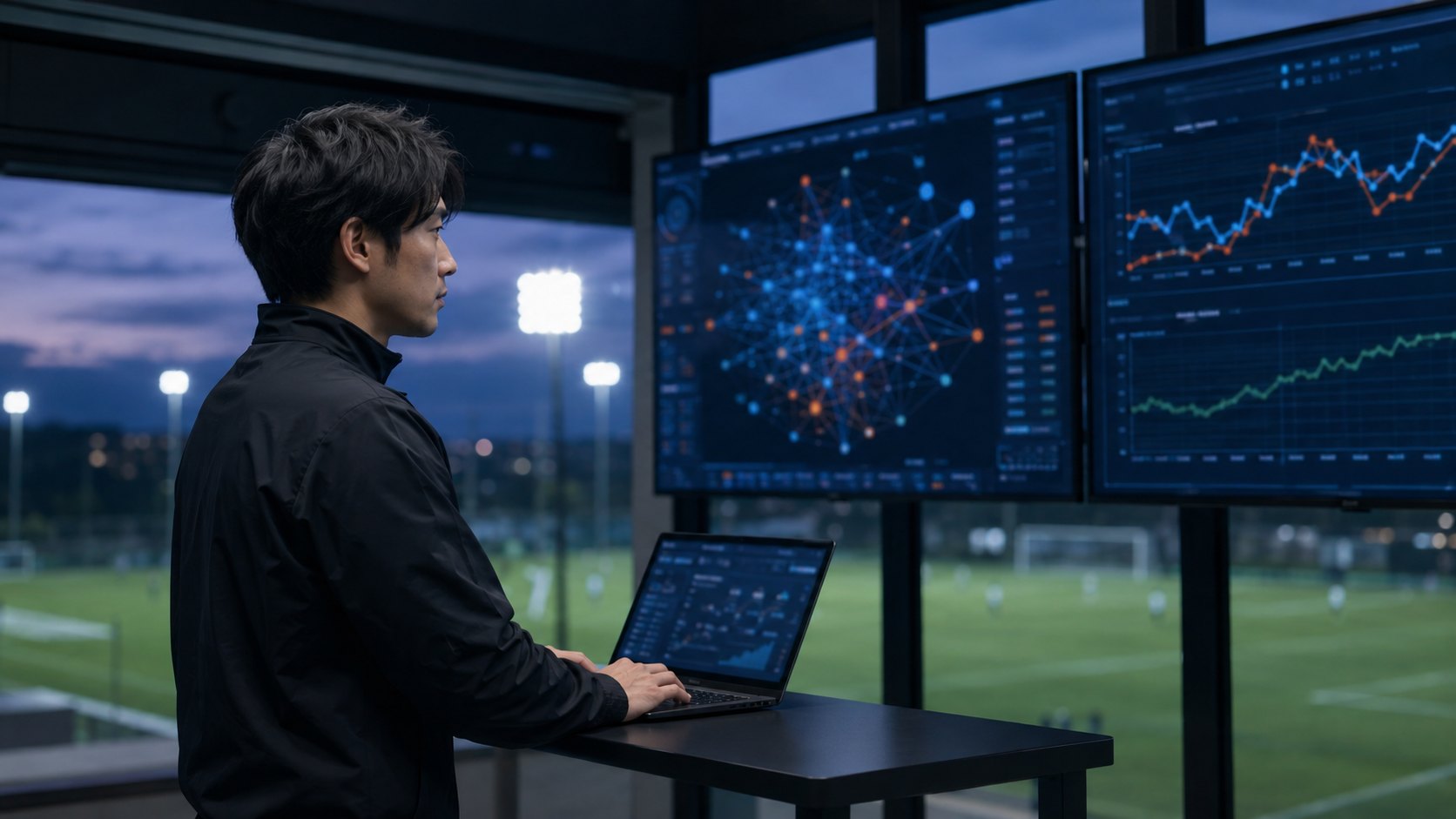 大型モニタにネットワーク図とグラフを表示した分析室。窓の外にナイター照明のピッチが見える