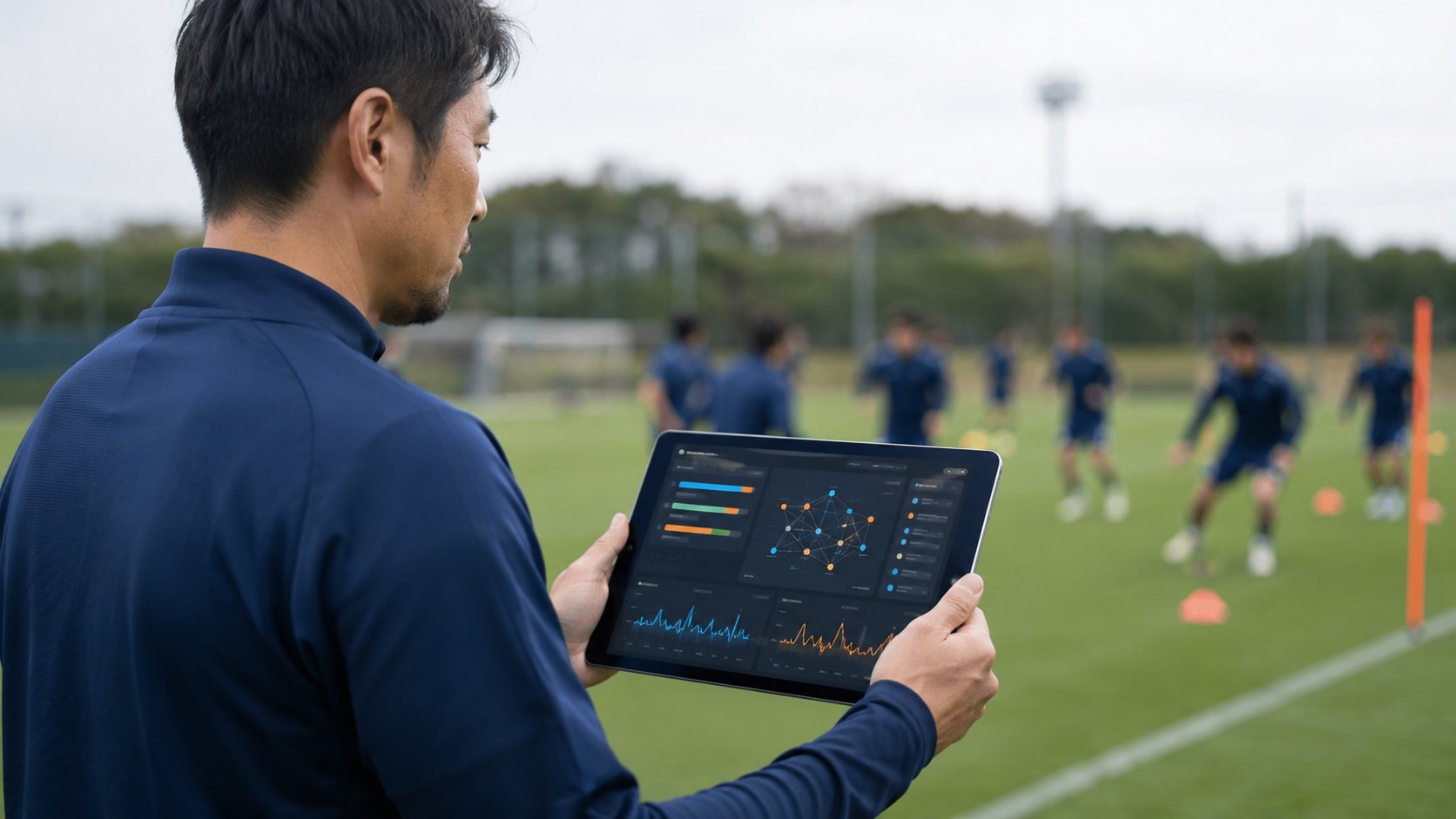 ピッチのそばでタブレットのダッシュボードを確認するコーチ。奥では選手が練習している