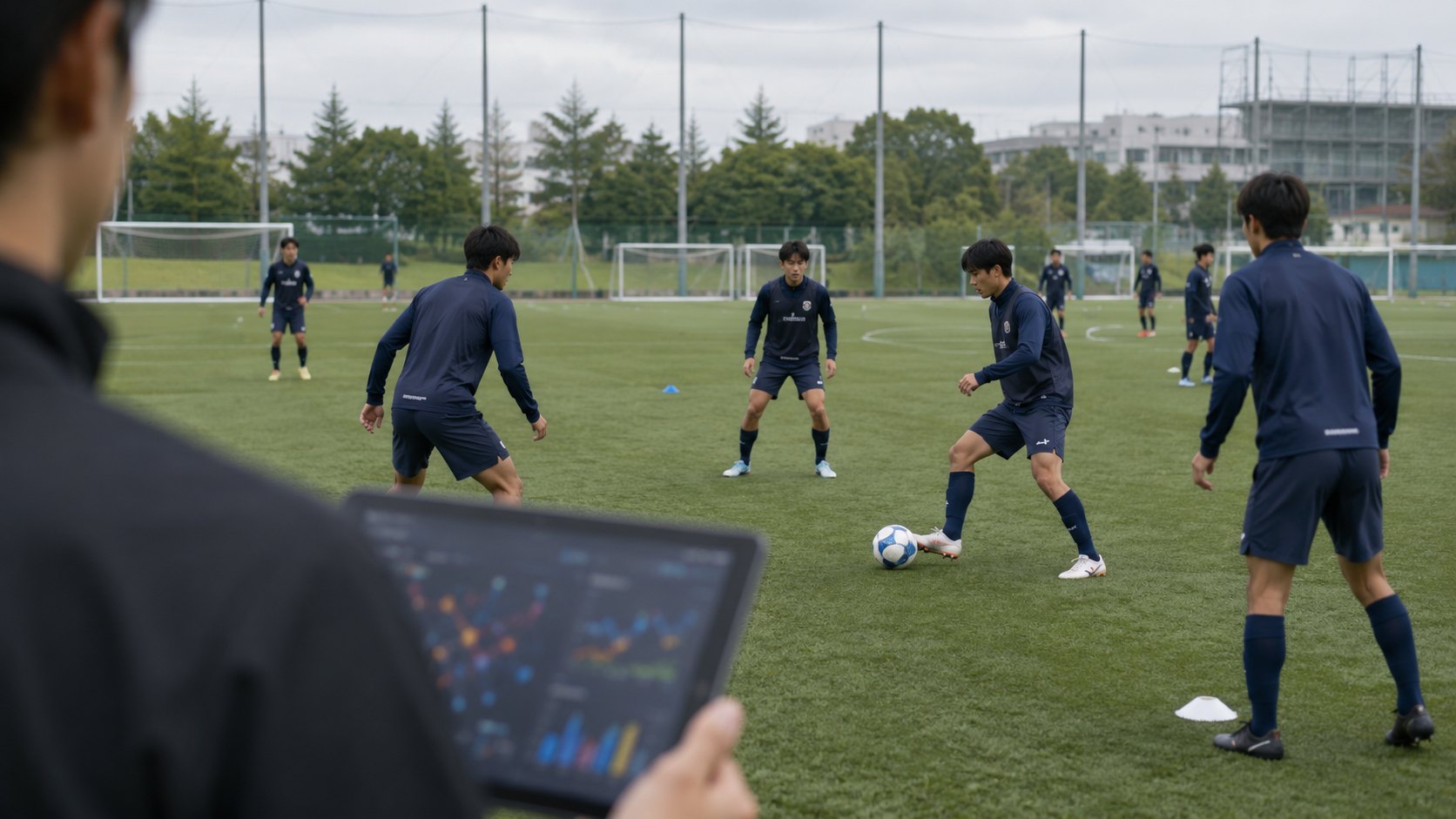 グラウンドでパス練習をする選手たちと、手前でタブレットを見るスタッフ